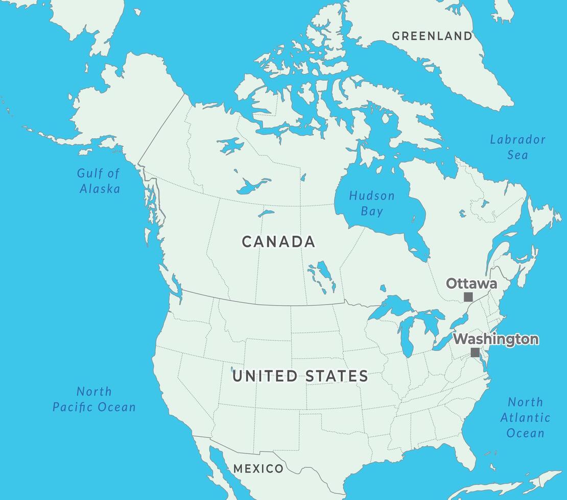 North America map highlighting countries, borders, major cities. vector