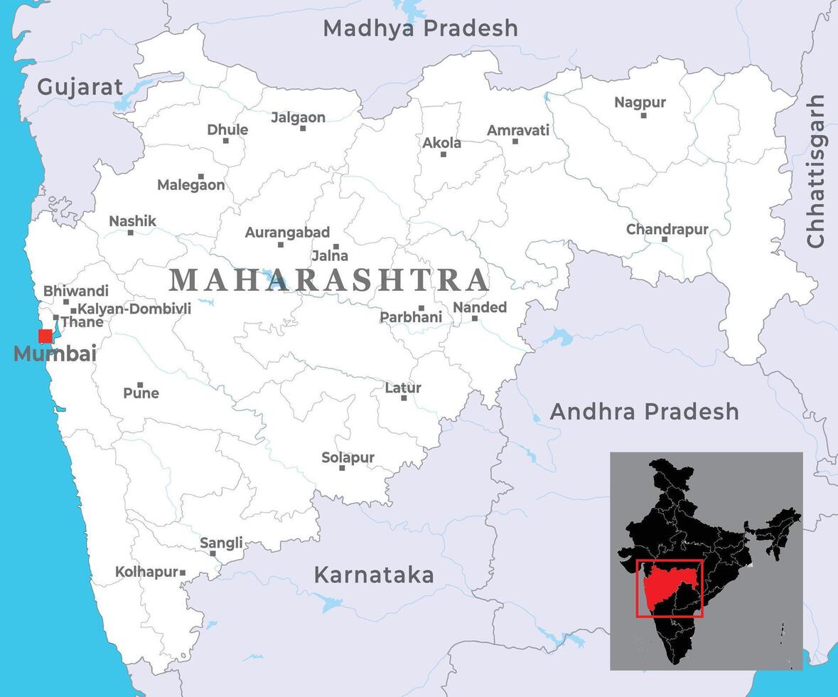 Maharashtra district map with capital Mumbai, marked most important cities, state of India vector