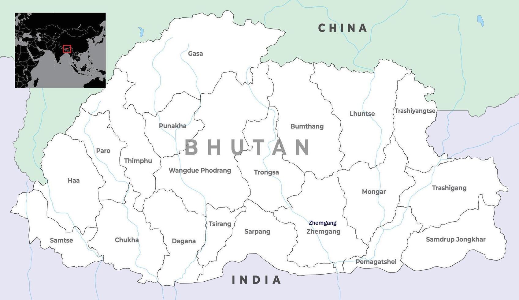 Map of Bhutan with district boundaries with their names and marked with surrounding countries vector