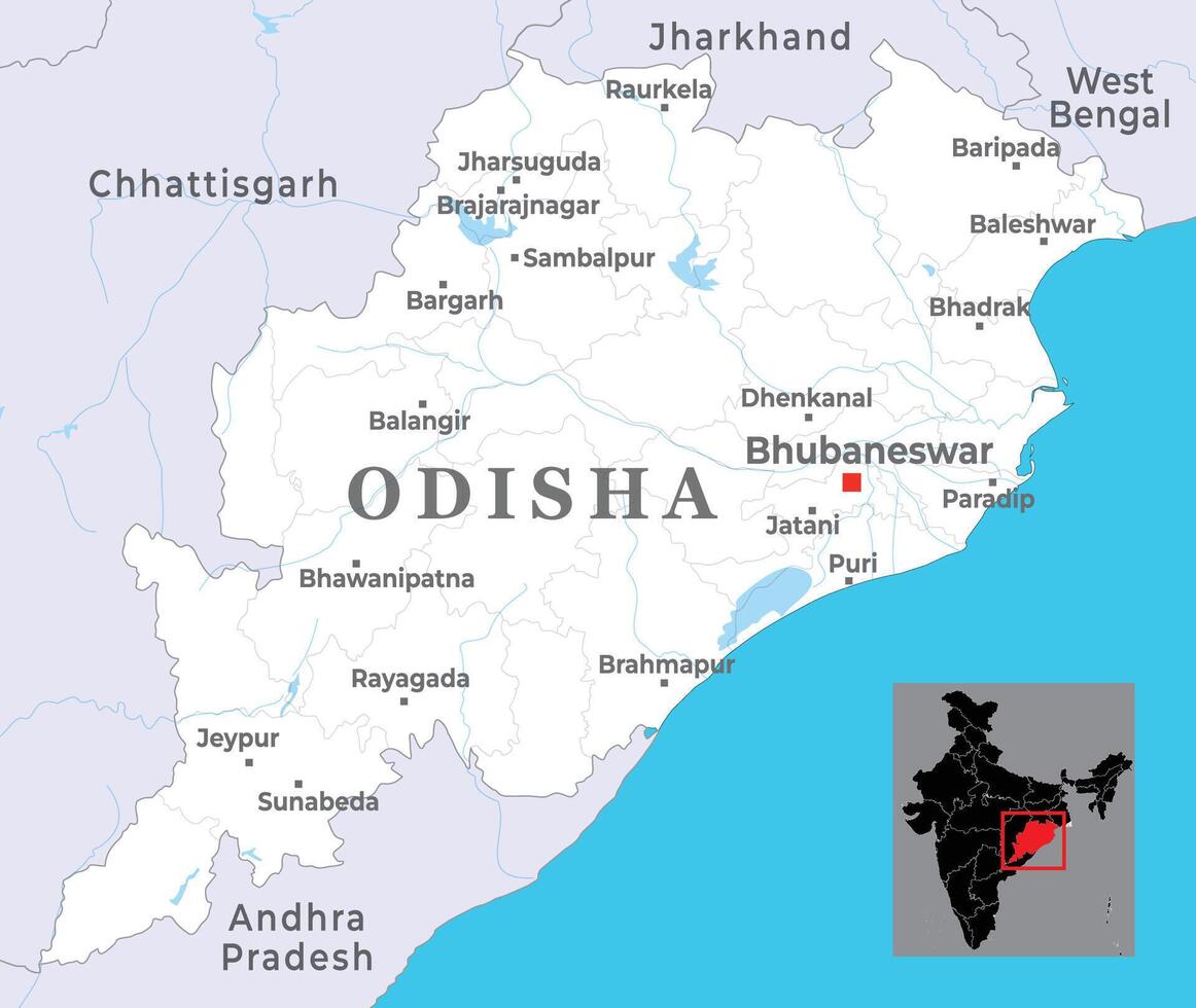 Odisha district map with capital Bhubaneswar, marked most important cities, state of India vector