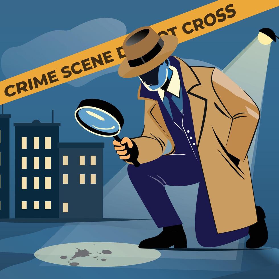 Detective or a policeman with a magnifying glass in his hand investigating at crime scene vector