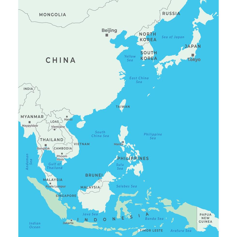 East Asia map highlighting countries name, borders, and major regions of the area vector