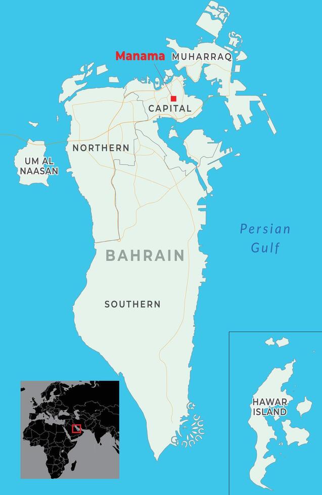 Bahrain map with capital Manama, marked with most important cities vector