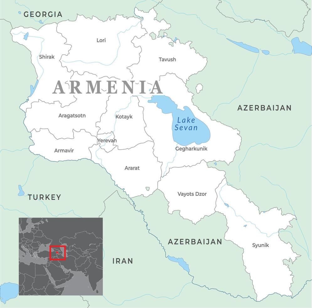 Armenia province map with names, most important cities and national borders vector
