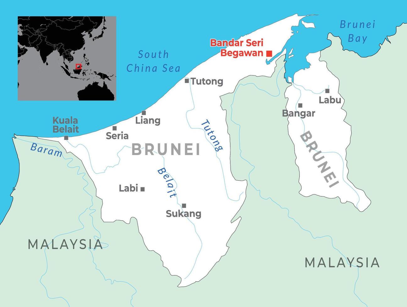 Brunei map with capital Bandar Seri Begawan, most important cities and national borders vector