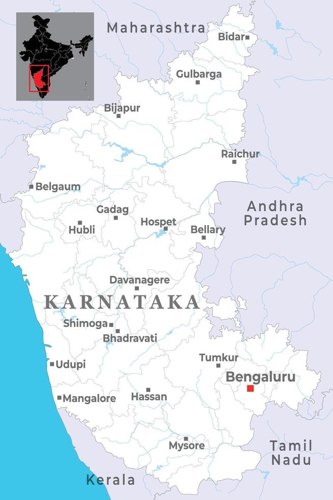 Karnataka district map with capital Bengaluru, marked most important cities, state of India vector