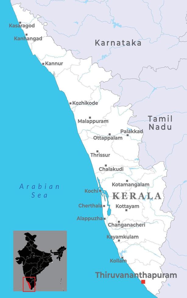 Kerala district map with capital Thiruvananthapuram, marked most important cities, state of India vector