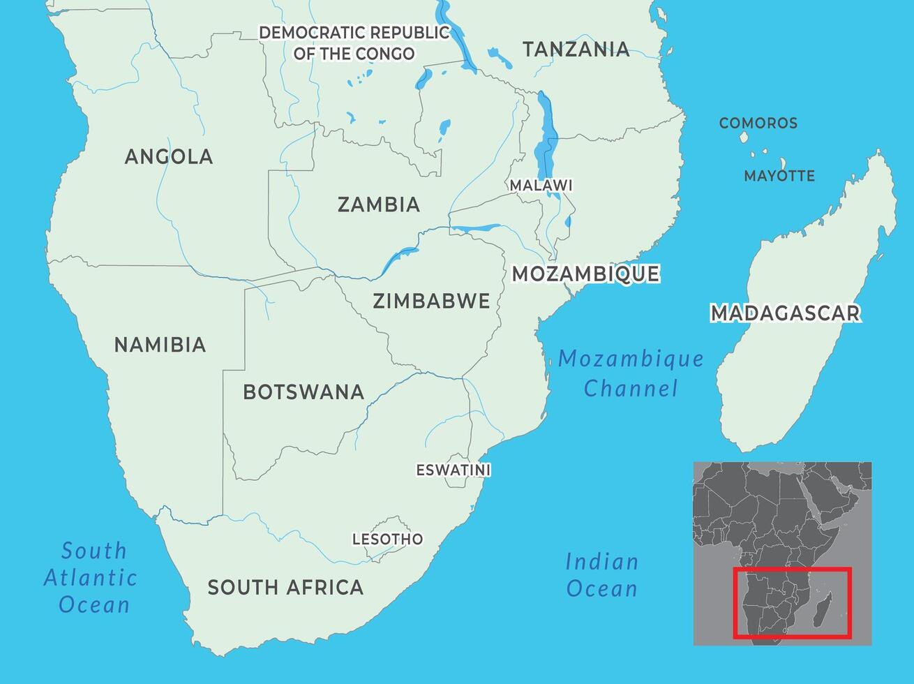 Southern Africa map highlighting countries, borders, and name vector
