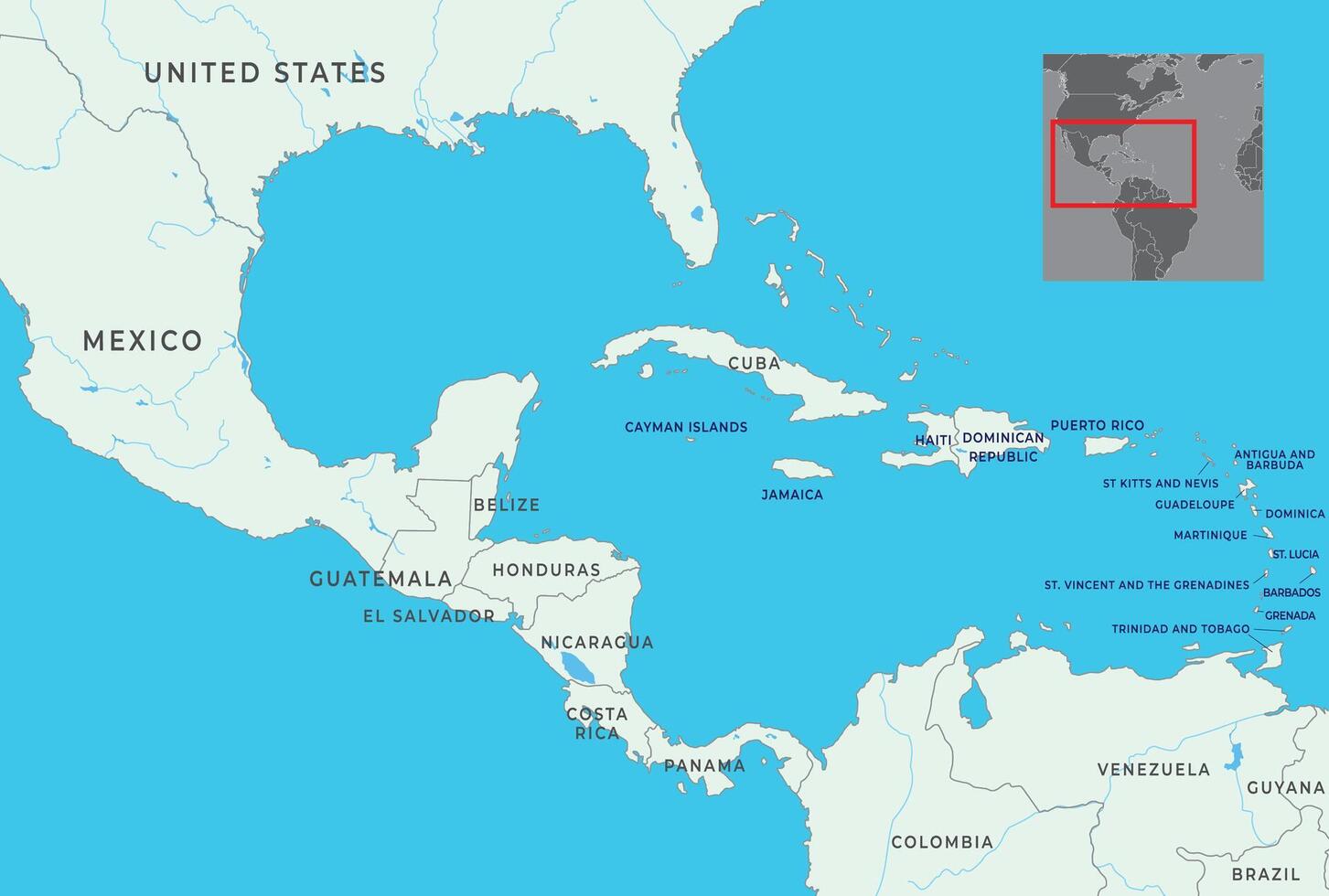 Central America map highlighting countries, borders, and geographical features of the region vector