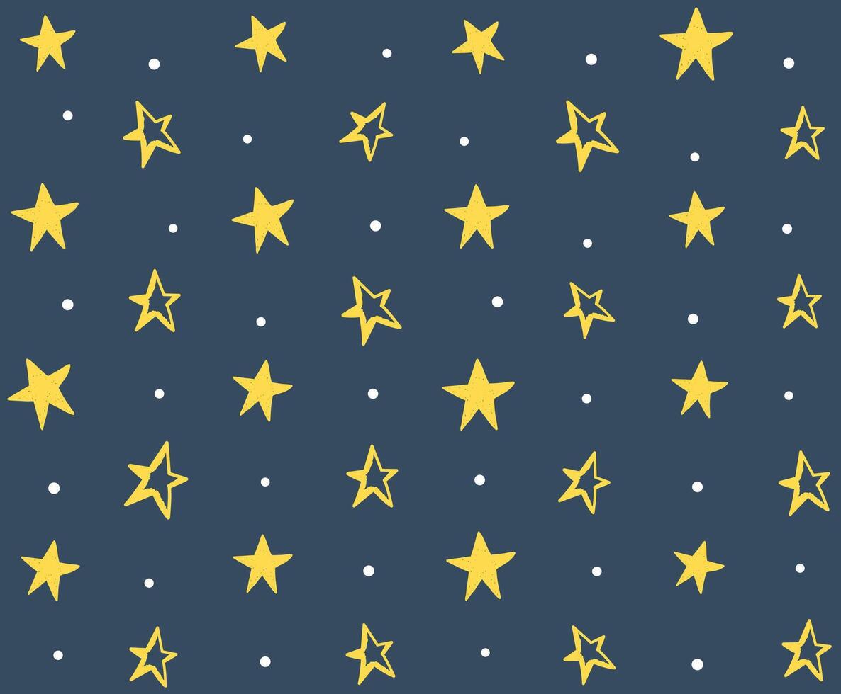 Seamless pattern with hand drawn stars, yellow stars with white circles on dark background vector