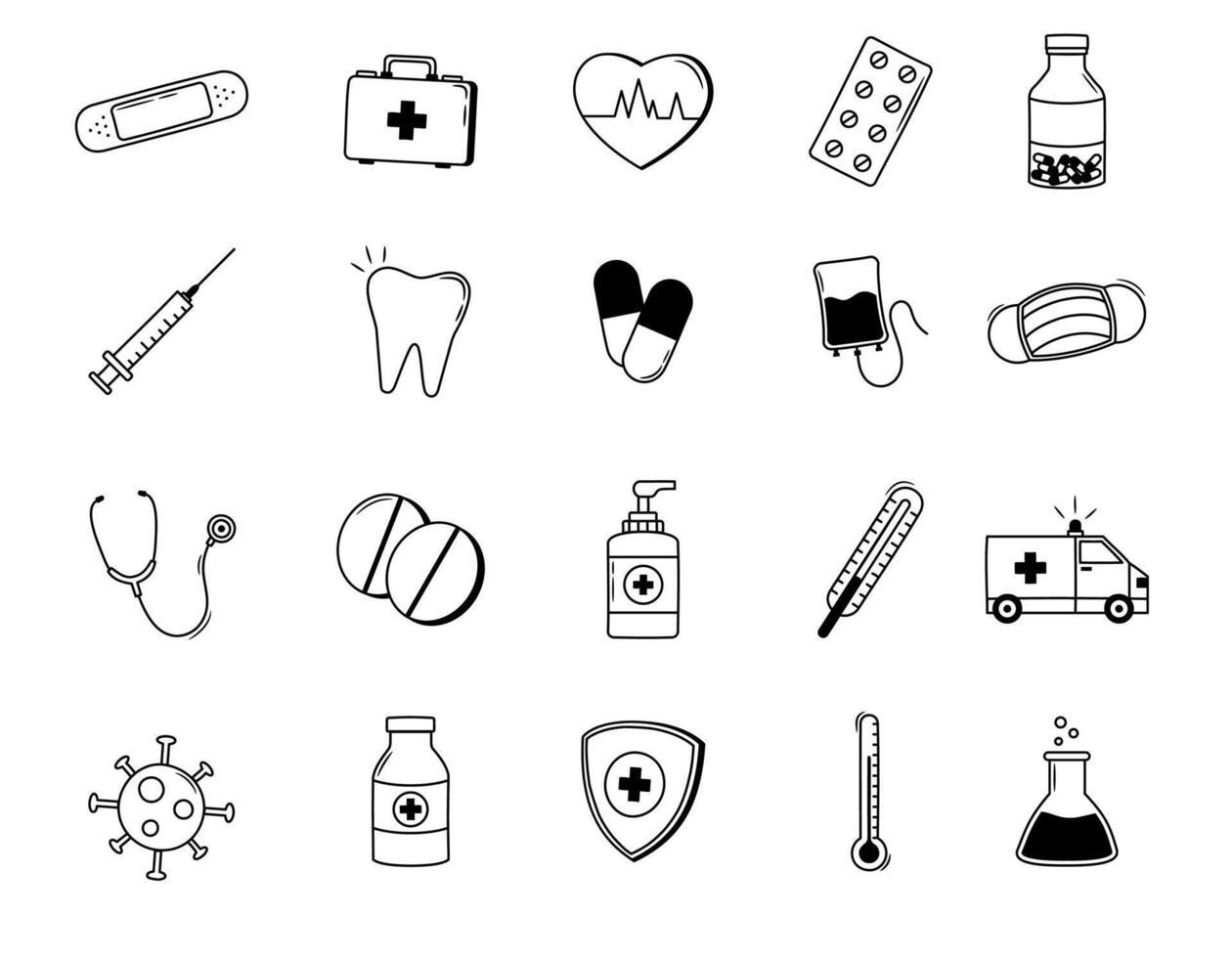 Collection of Medicine and Health Icon Illustrations in Doodle Style vector