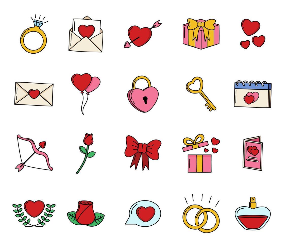 Collection of Wedding Icon Illustrations in Colored Doodle Style vector
