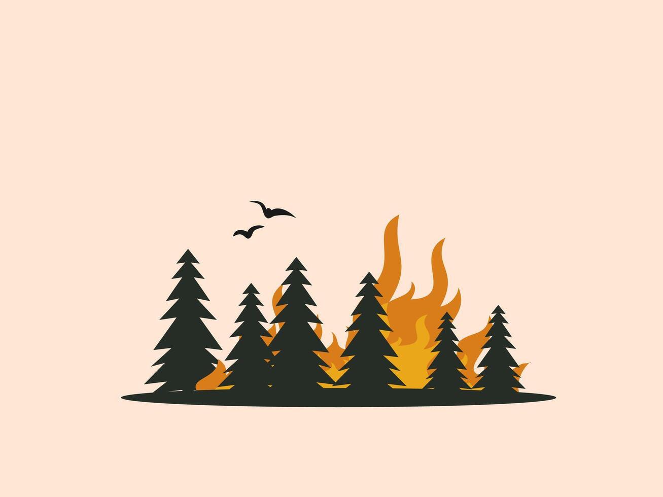 The image depicts a forest fire, with flames rising amidst dark green pine trees vector