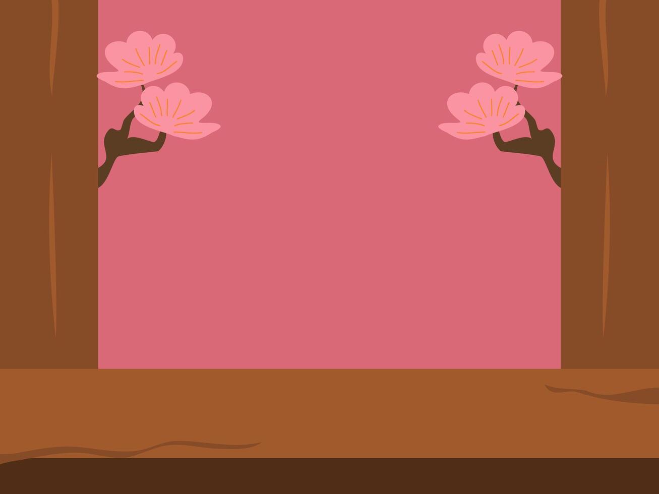 Two stylized branches with pink blossoms frame a soft pink backdrop vector
