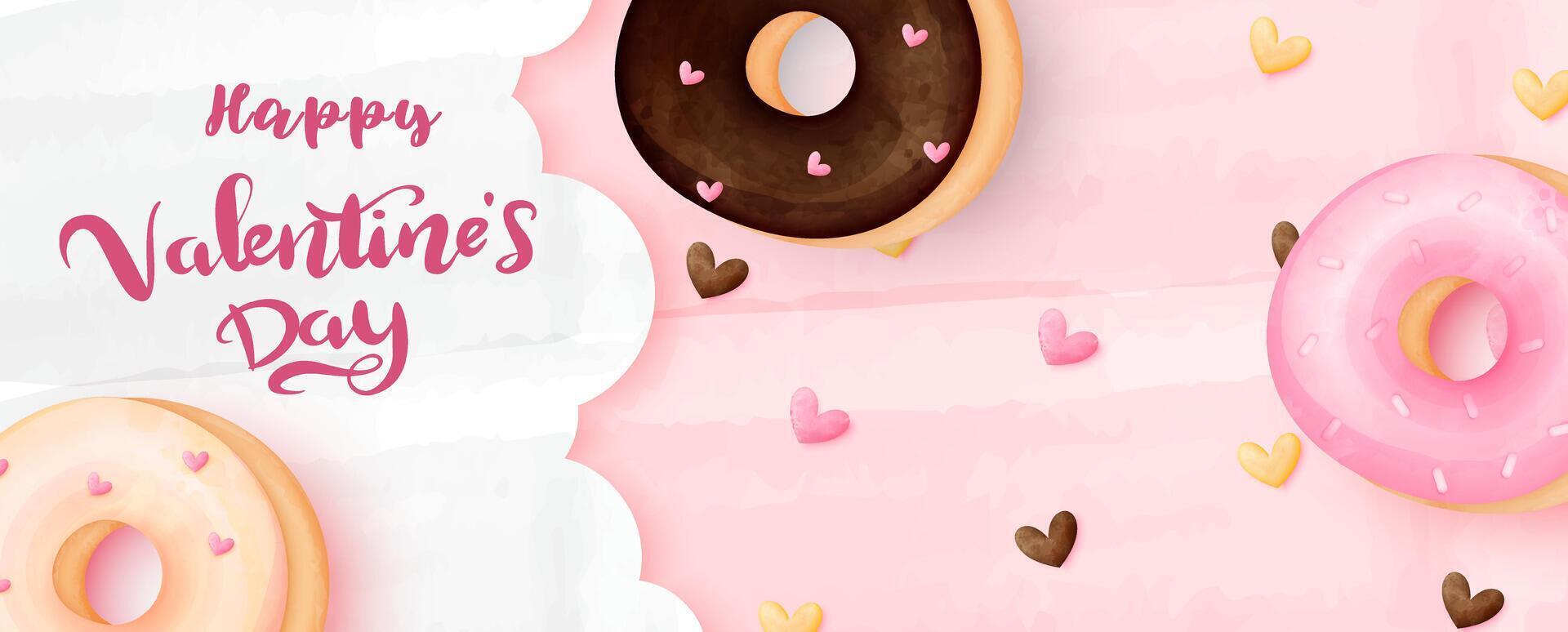 Valentine's day greeting card, web poster design with Sweet bakery donuts in watercolors and layers style with Valentine's day wording on pink background. vector