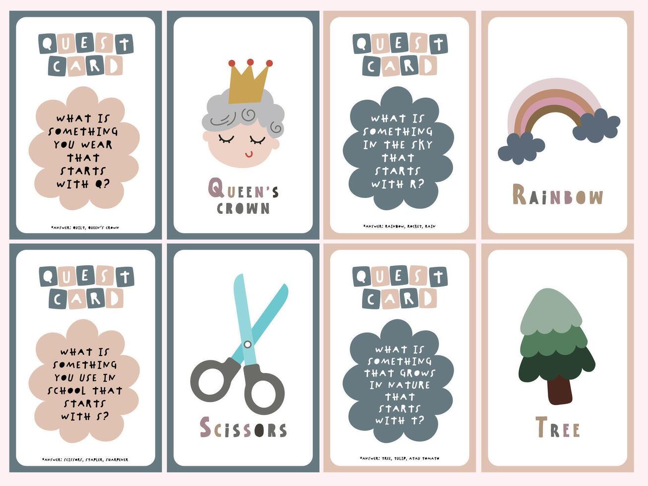 Printable quest card flashcards, kids learning the alphabet A-Z with cute illustration images. Teaching children to be aware of their surroundings, learn vocabulary. Educational tool for fun learning vector