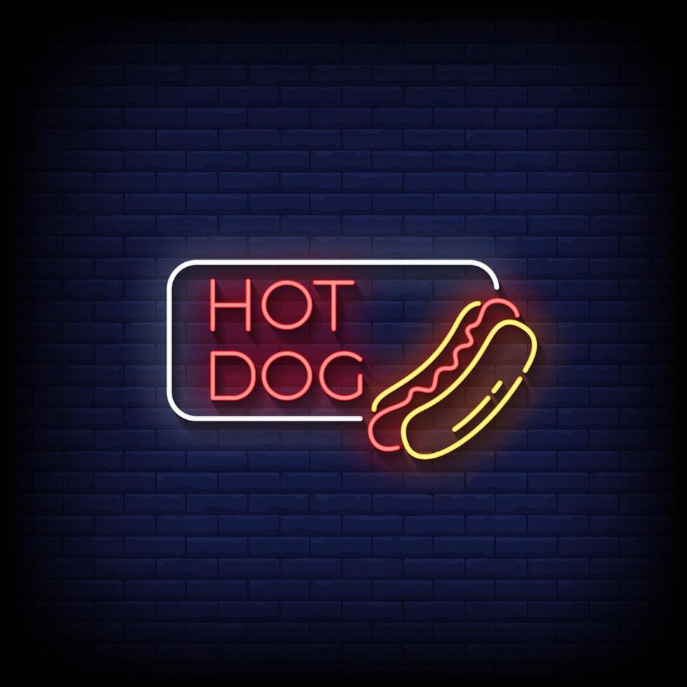 hot dog neon sign with brick wall background vector