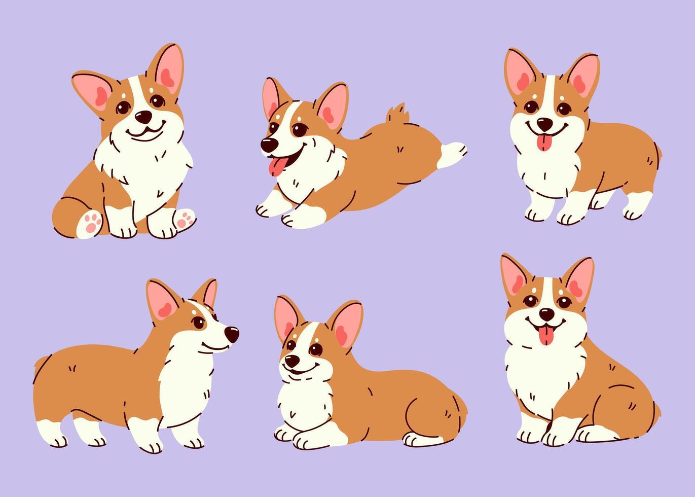 Set of cute corgi dogs in different poses. graphics vector