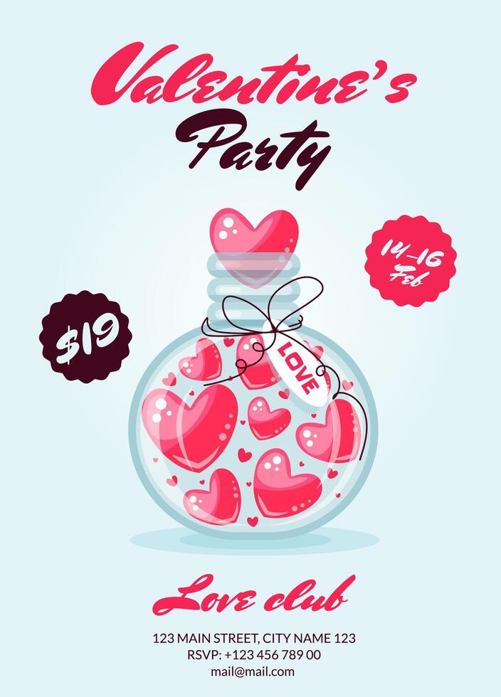 Romantic valentines day party invitation poster with jar fill of hearts. illustration for celebrating love and holidays vector