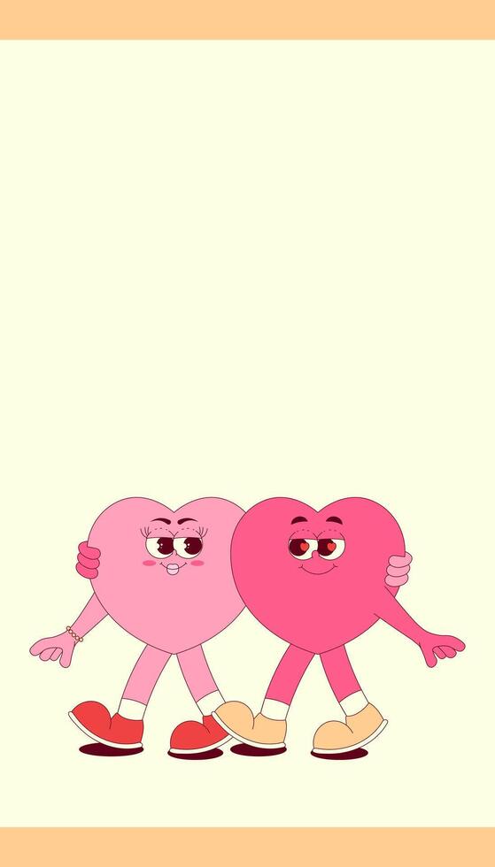 Vertical stories template with walking couple heart characters in retro groovy style. Social media post with psychedelic mascot. illustration with copy space vector