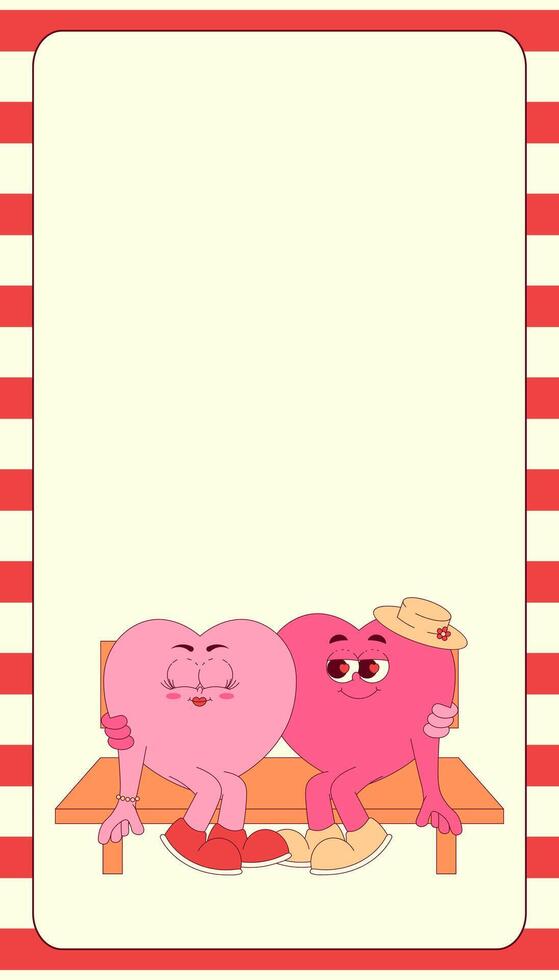 Vertical stories template with couple heart characters on the bench in retro groovy style. Social media post with psychedelic mascot. illustration with copy space vector