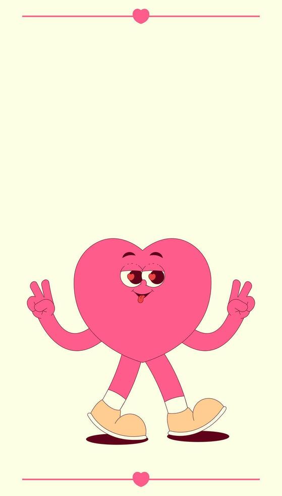 Vertical stories template with walking heart character in retro groovy style. Social media post with psychedelic mascot. illustration with copy space vector