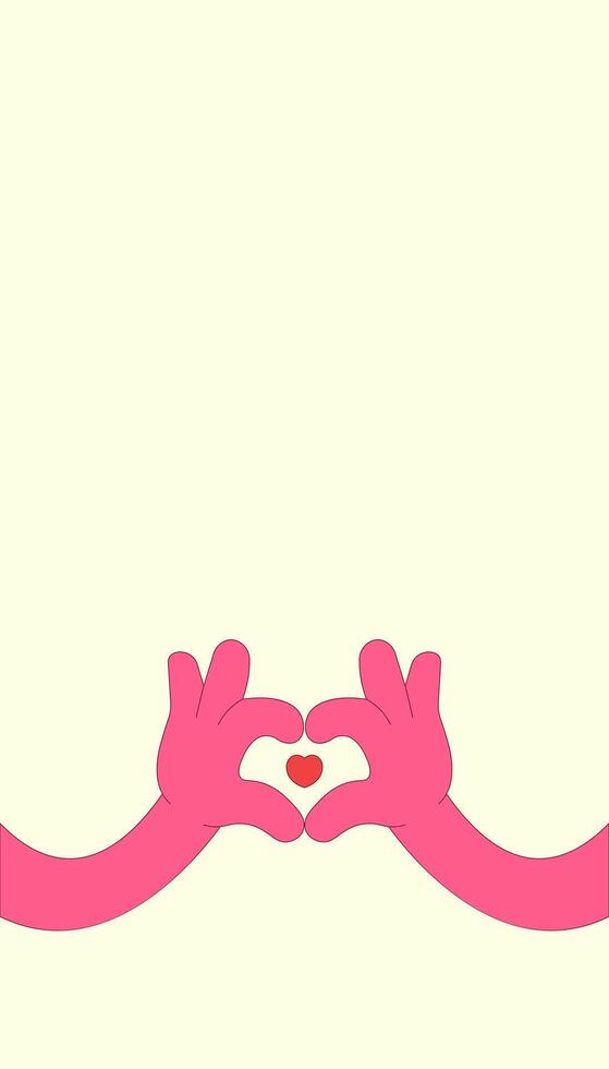 Vertical stories template with two hands makes heart. Happy Valentines day, 14 february. Retro groovy style. Love concept. illustration with copy space vector