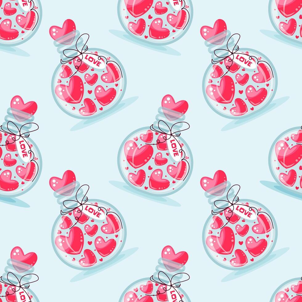 Valentines day seamless pattern with jars filled with hearts. illustration on blue background vector