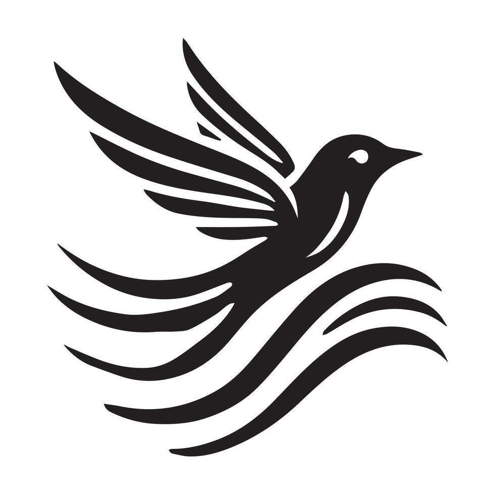 A bold, stylized graphic of a bird in flight against a circular background with horizontal stripes. vector