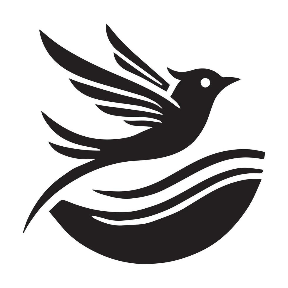A bold, graphic image of a bird in flight, depicted in a stylized, black and white design. vector