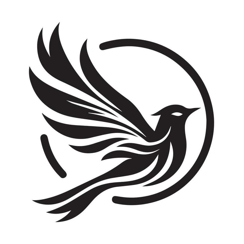 A stylized, black silhouette of a bird in flight, set against a large, dark circle. vector