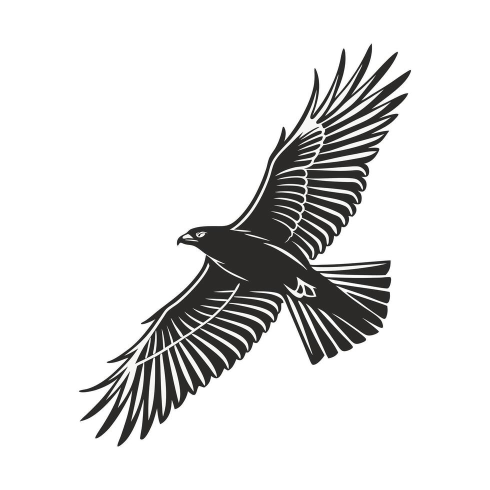 A stylized silhouette of a raven in mid-flight, wings outstretched. vector
