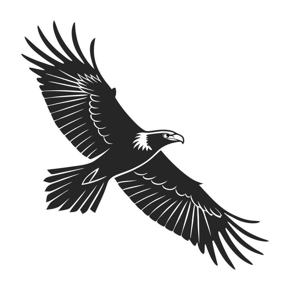 A striking, black and white silhouette of a raven soaring through the air. vector