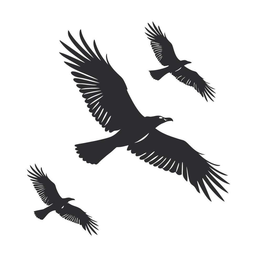 A bold, black and white vctor graphic of a raven soaring through the air. vector