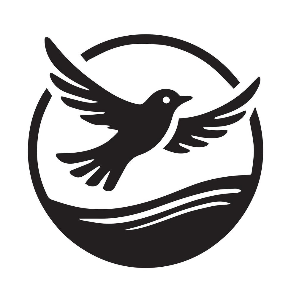 A stylized, black silhouette of a bird in flight, encircled by a stylized hand. vector