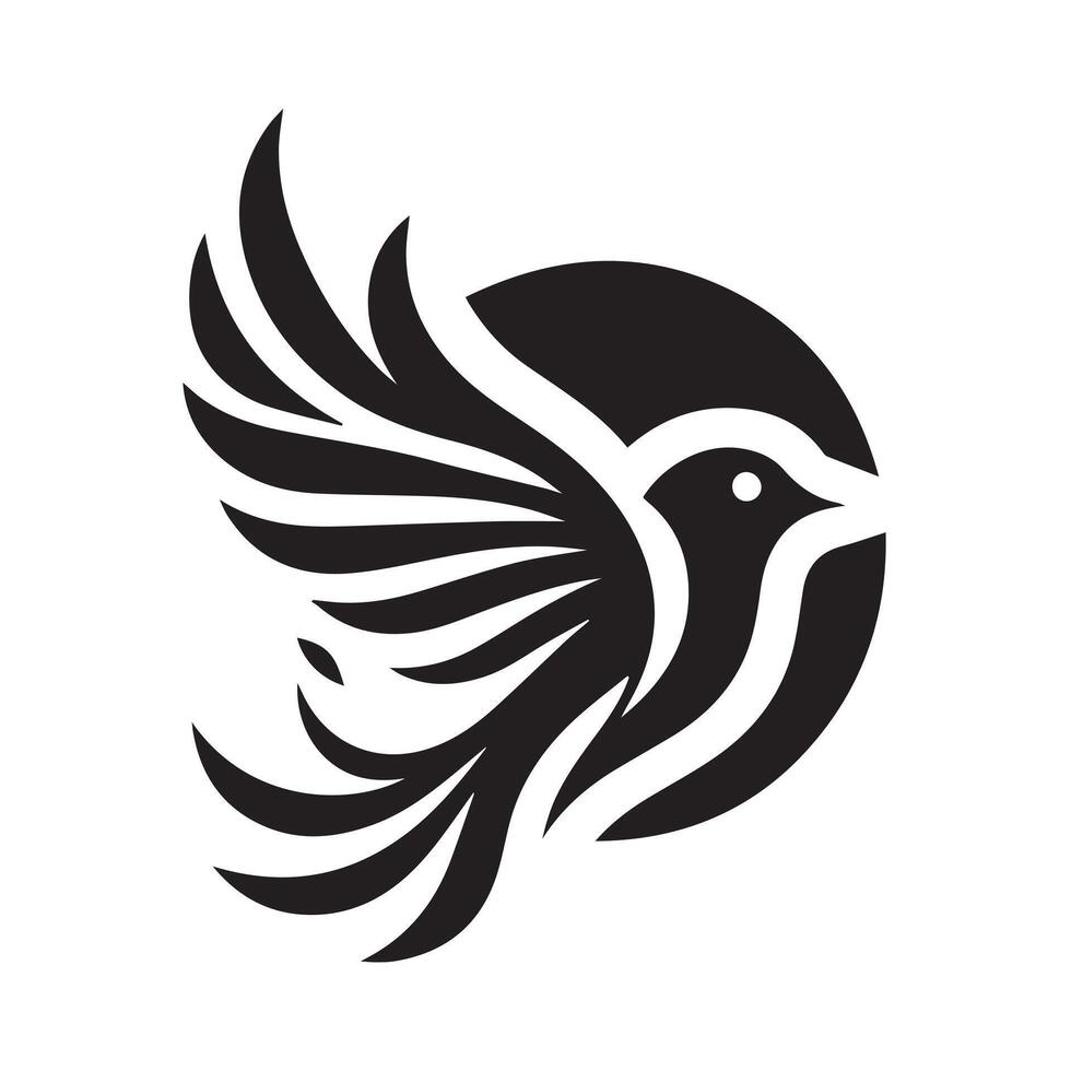 A stylized, black and white graphic of a bird in flight, set against a circular background design. vector