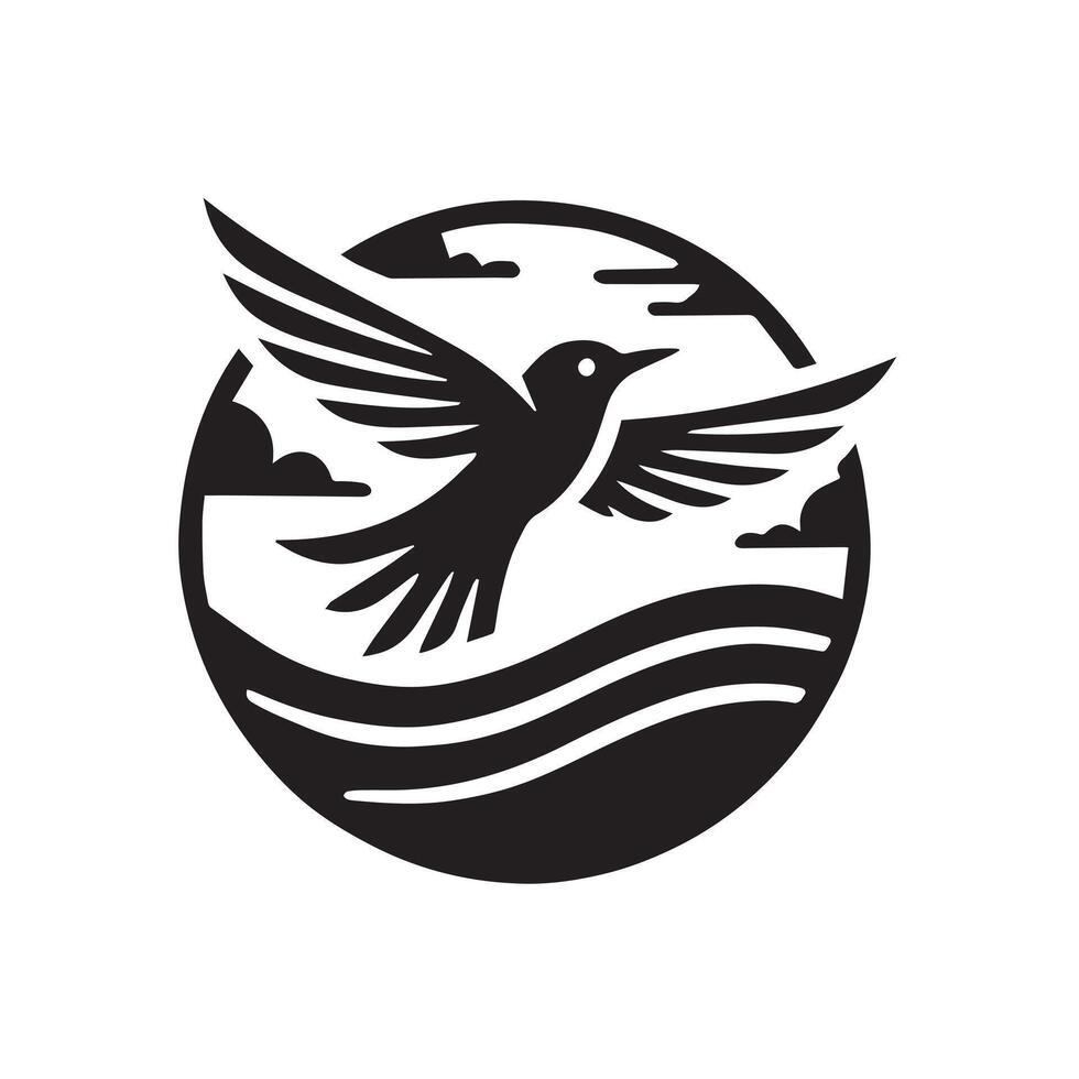 A stylized black and white graphic of a bird in flight, encircled by water waves. vector