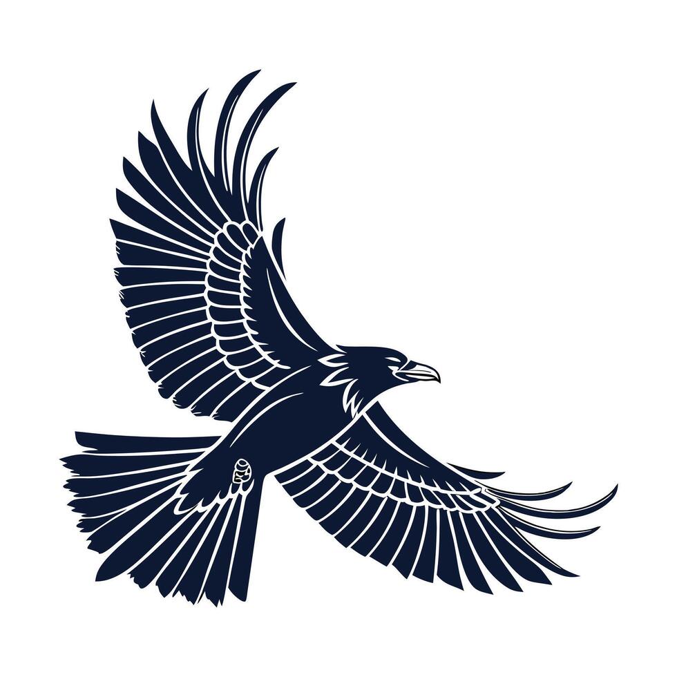 A stylized, black silhouette of a bird in mid-flight against a pure white background. vector