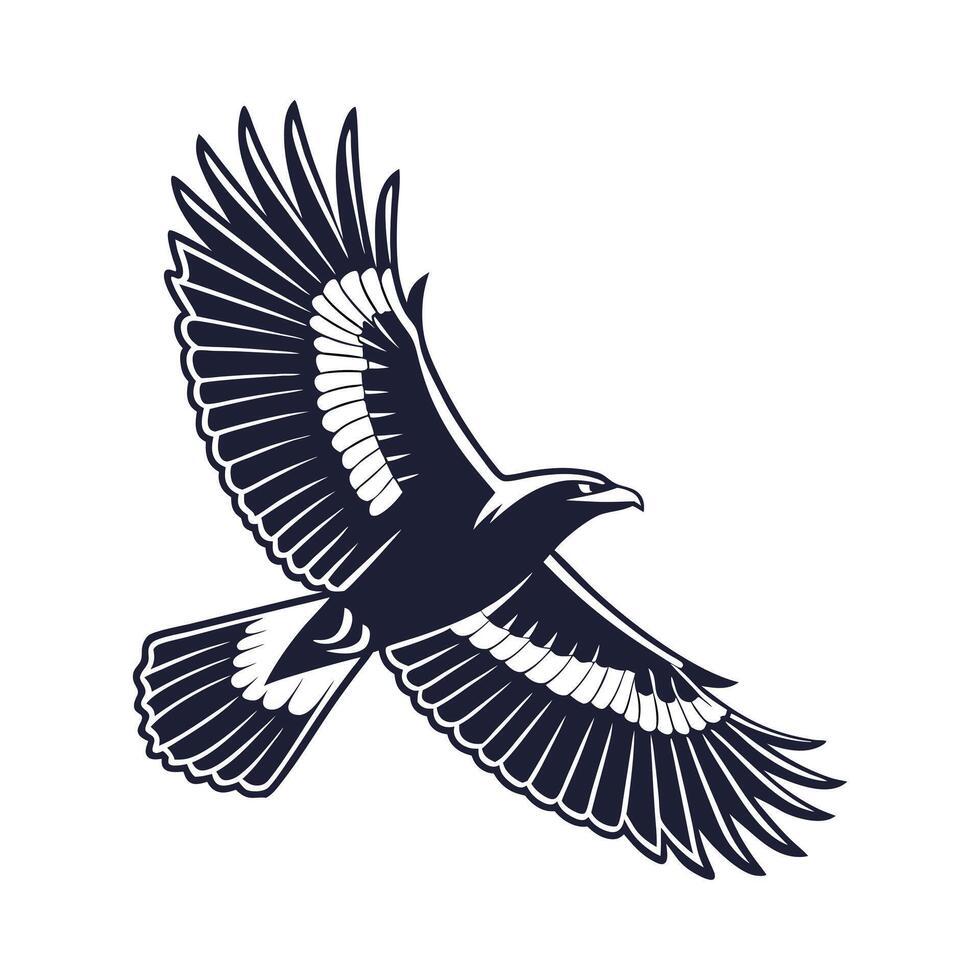 A dramatic, black silhouette of an eagle in flight against a pure white background. vector