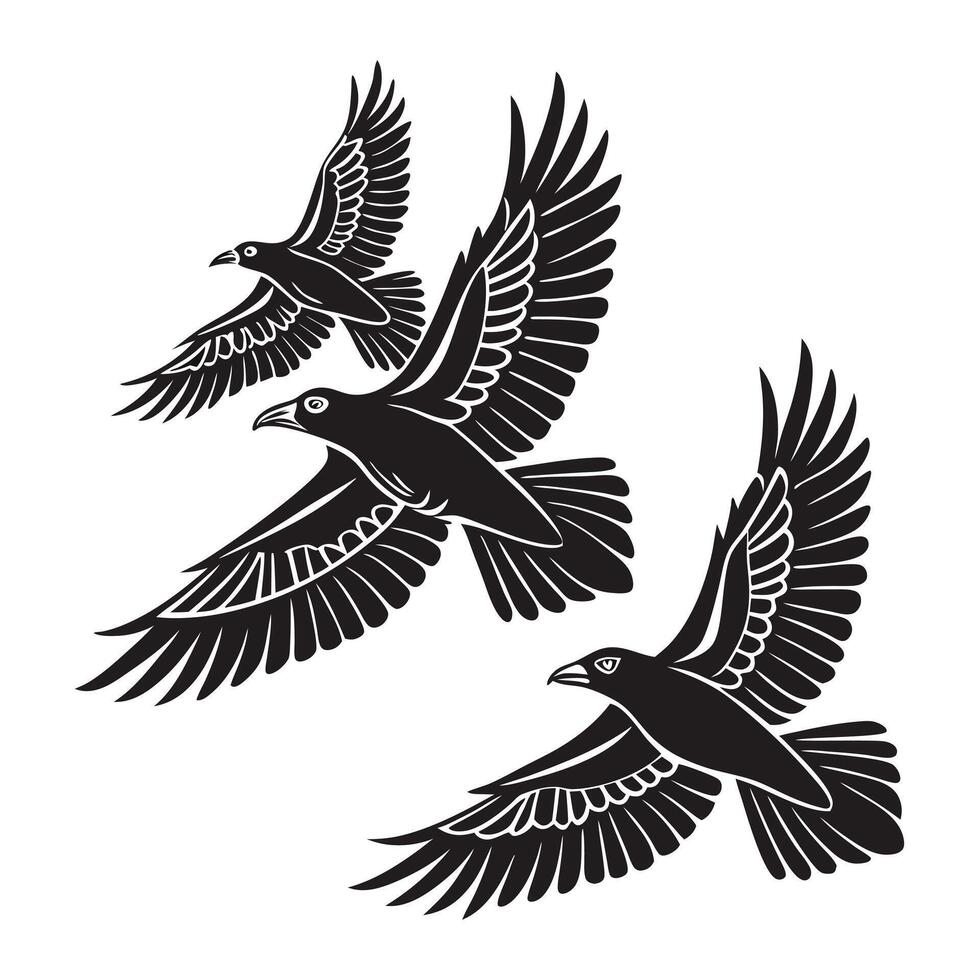 stylized silhouette of a raven perched on a textured branch. vector