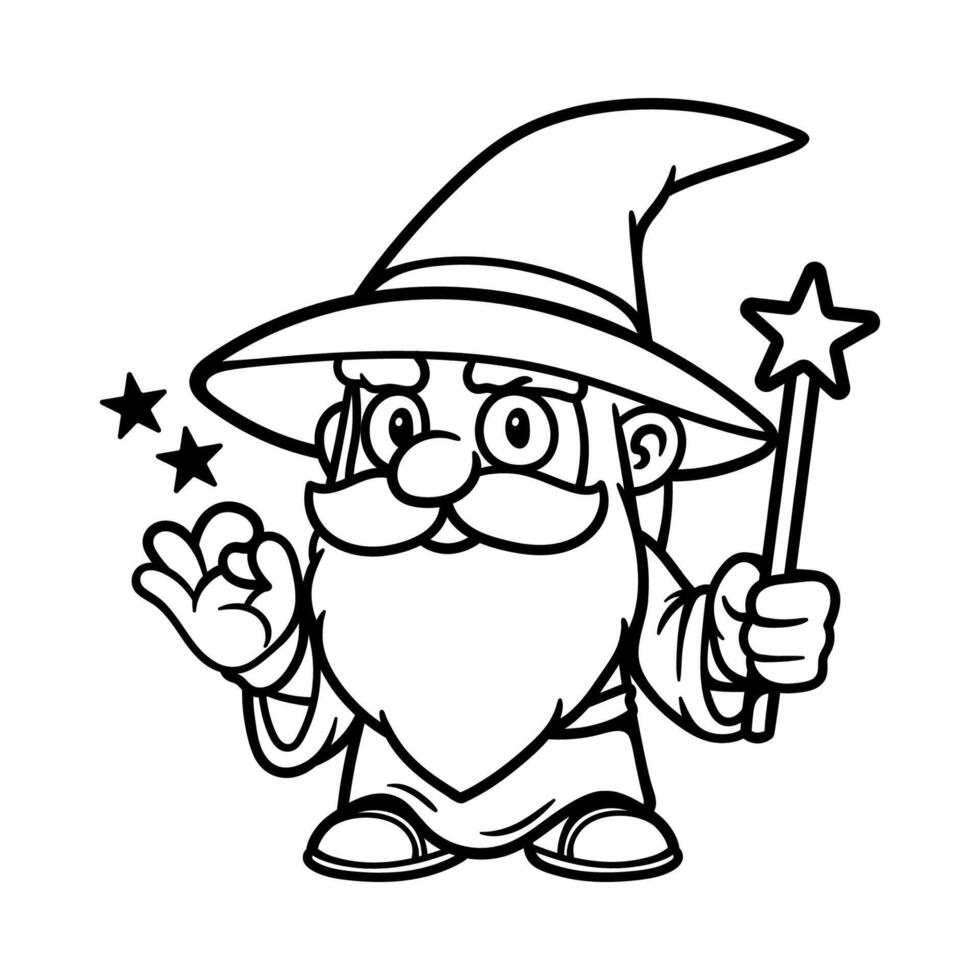 fun wizard hold magic wand cartoon character isolated drawing line style sketch classic vintage design illustration vector