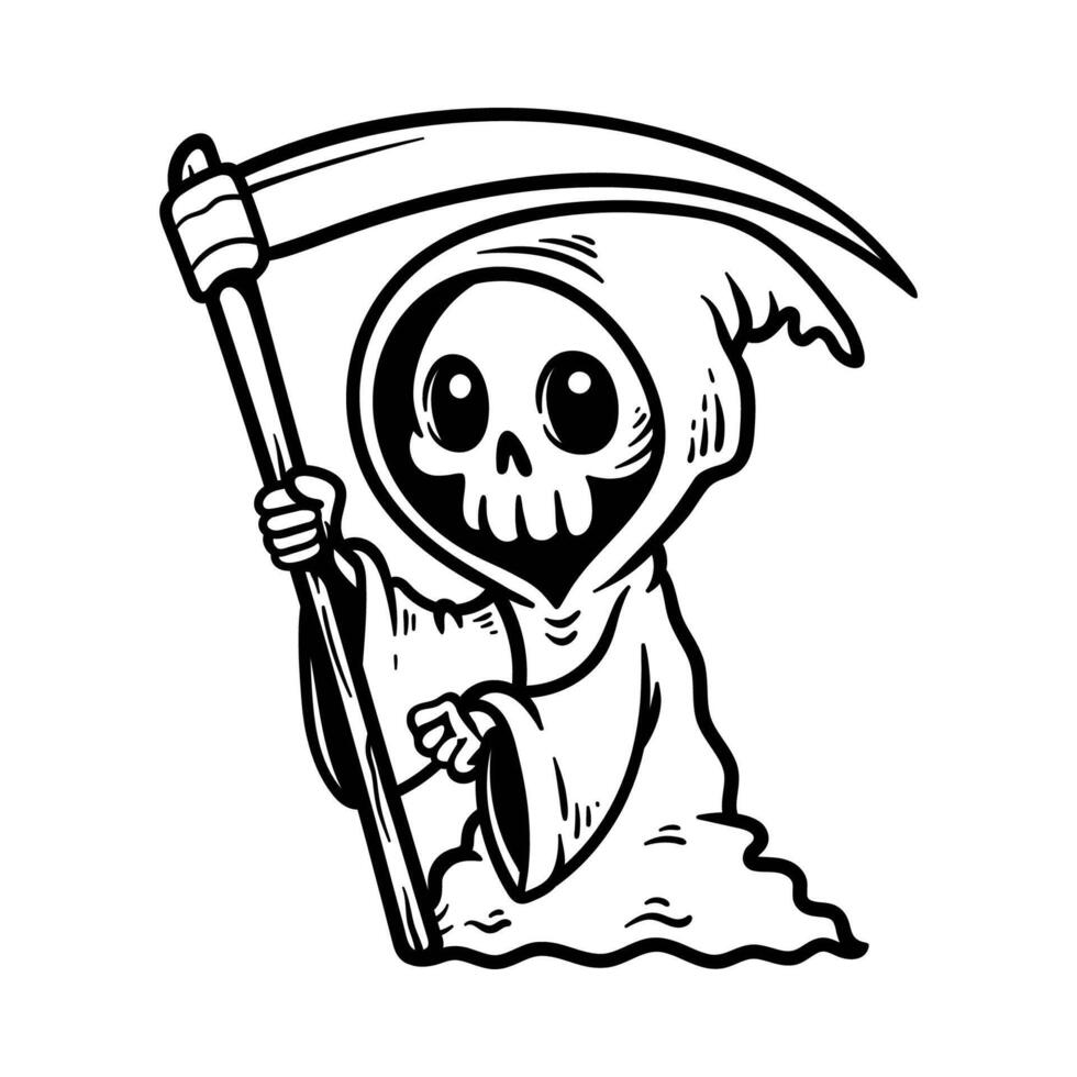 fun cute grim reaper hold scythe cartoon character isolated drawing line style sketch classic vintage design illustration vector