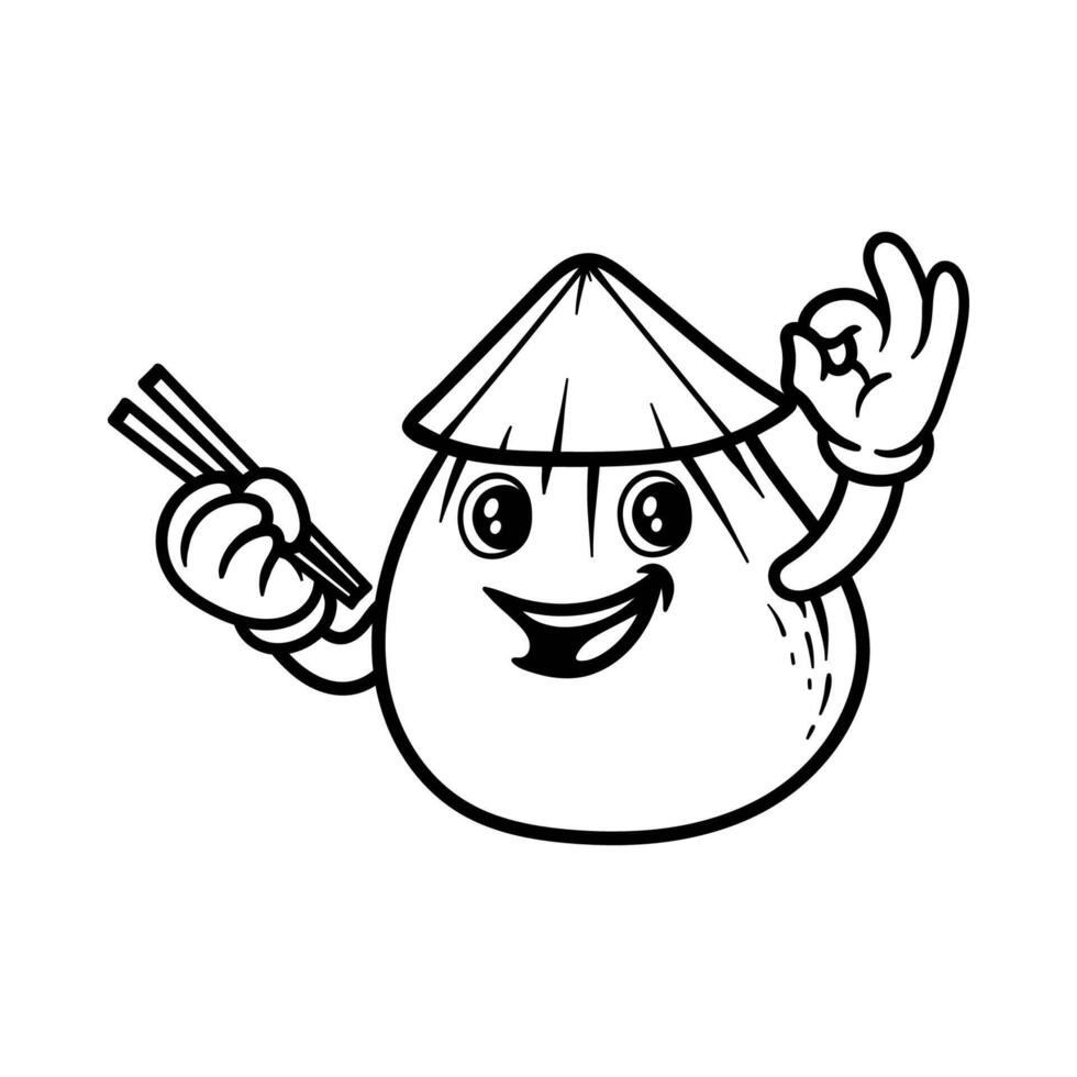 fun happy dim sum with chopstick and straw hat cartoon character isolated drawing line style sketch classic vintage design illustration vector