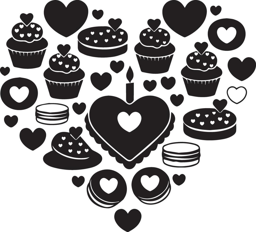 Valentine's Day Themed Cupcakes and Cookies Design, Black and white illustration of cupcakes, cookies, macarons, and hearts arranged in a heart shape, perfect for romantic themes. vector