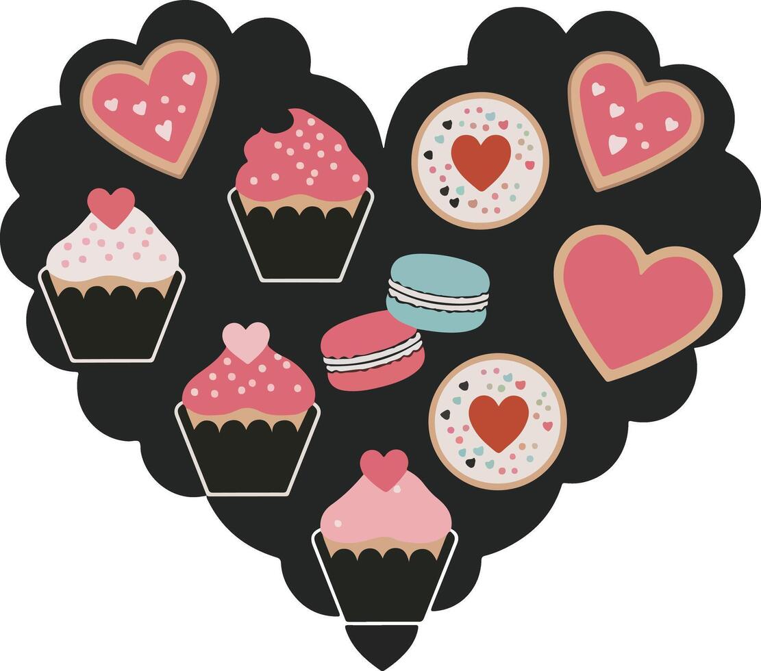 Happy Valentine's Day, A cute set of heart-shaped cupcakes with pink frosting, cherries, and strawberries in a seamless cartoon bakery illustration vector