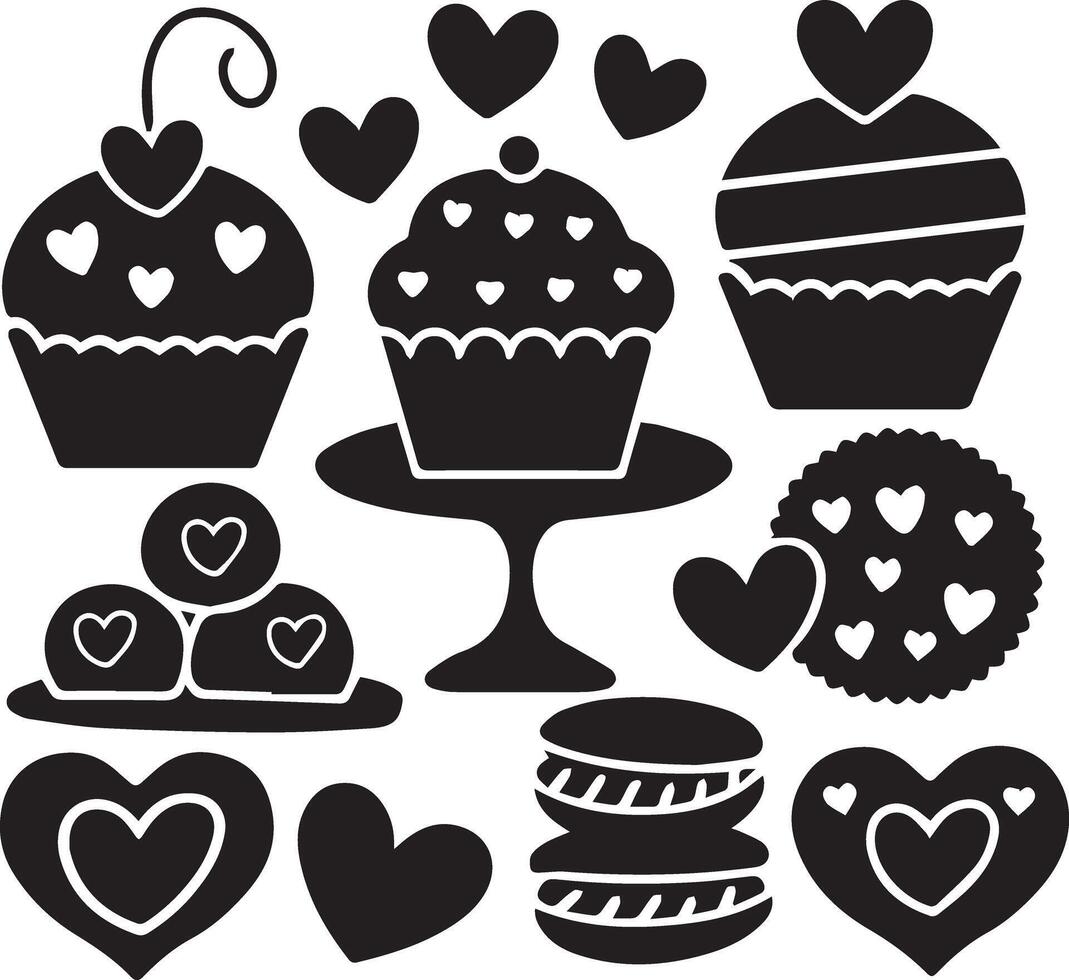 Colorful Macarons and Sweets Valentine's Day Art, Black and white illustration featuring cupcakes, cookies, truffles, macarons, and heart shapes, ideal for romantic or Valentine's designs. vector