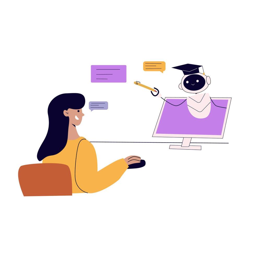 Artificial intelligence education concept with people. Flat illustration. Person using ai technology for work. Collaboration with ai robotic program. Artificial intelligence tool for education. vector