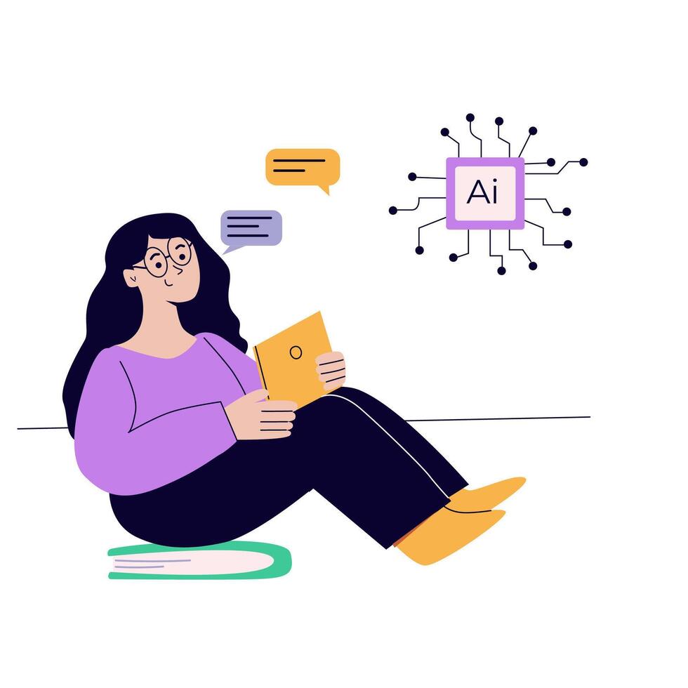 Artificial intelligence concept with people. Flat illustration. Person using ai technology for work. Collaboration with ai robotic program. Artificial intelligence tool for analysis business. vector