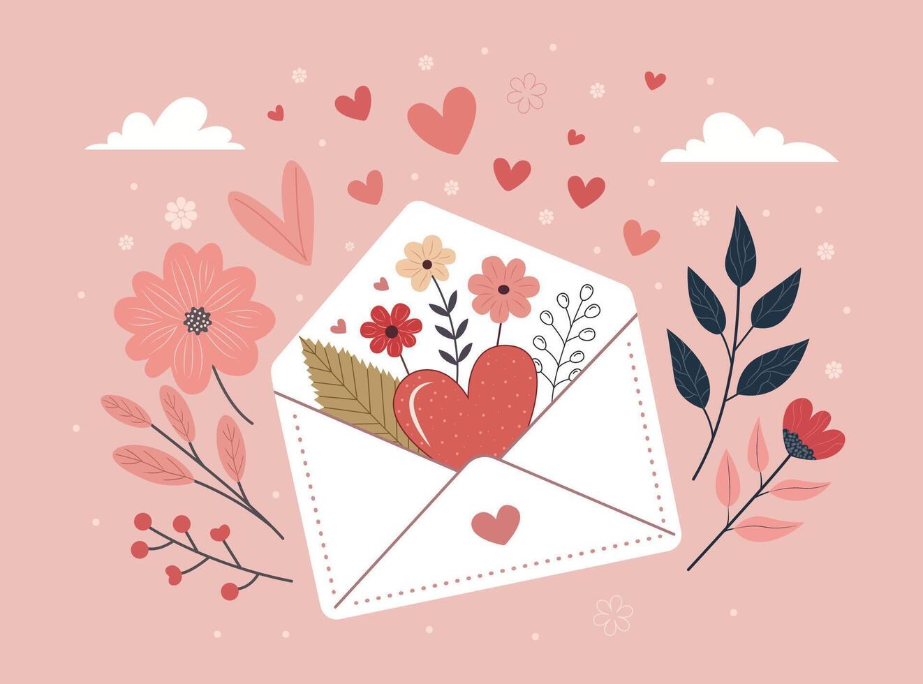 Charming flat artwork of an envelope with a red heart, bursting with stylized flowers and greenery. Set against a pink backdrop, it radiates warmth, love, and romance with a dreamy aesthetic vector