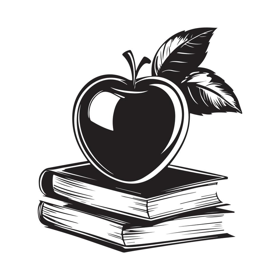 Black and white Apple Resting on a Stack of Books Image Illustration with White Background vector